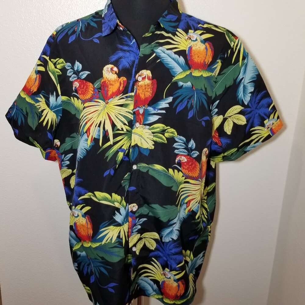 SSLR Mens 2XL Navy Parrot AOP Button Up Short Sleeve Shirt Retro Tropical Island
